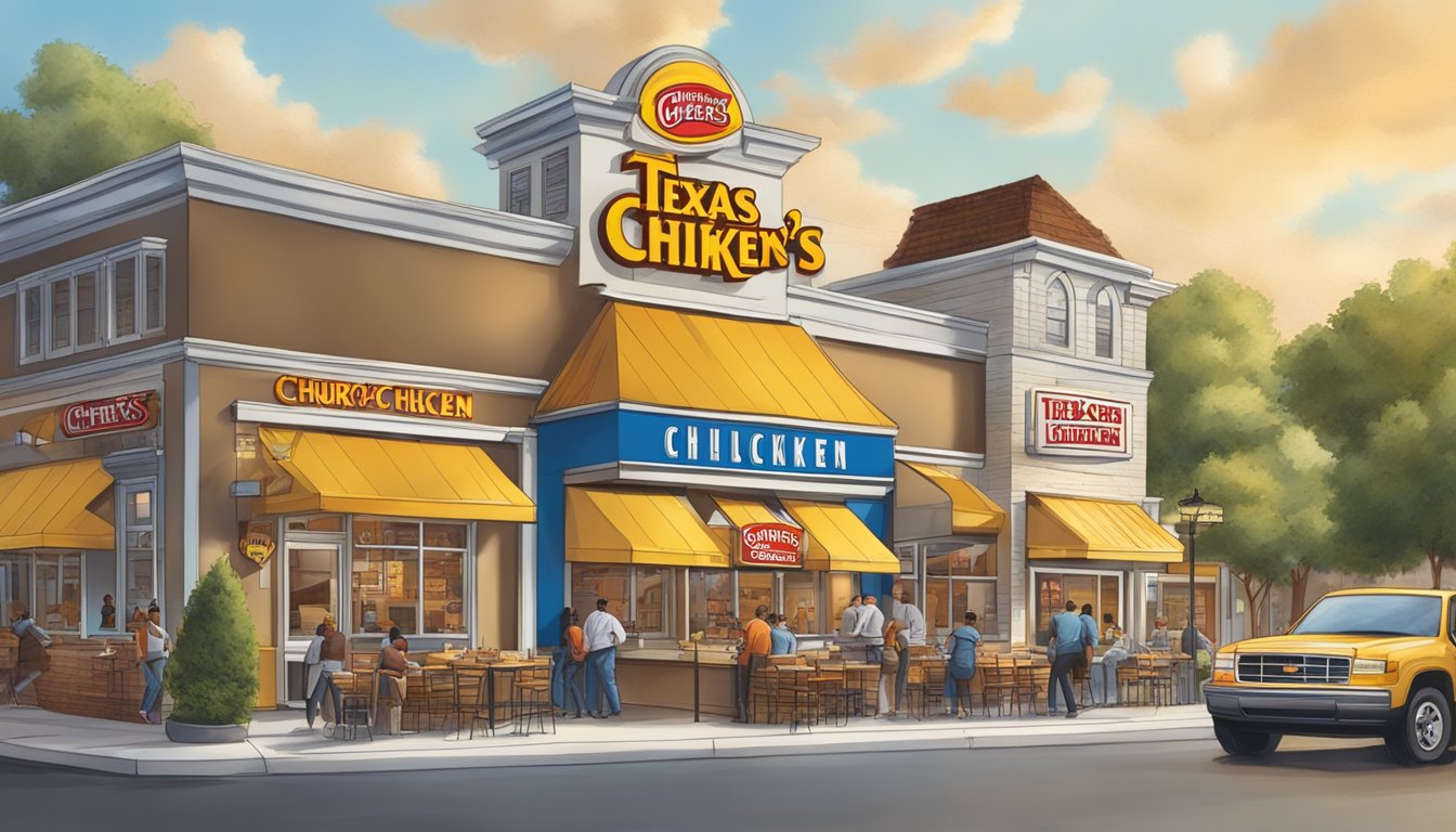 A bustling street with two distinct restaurant chains, Church's Chicken and Church's Texas Chicken, each with their own unique signage and branding