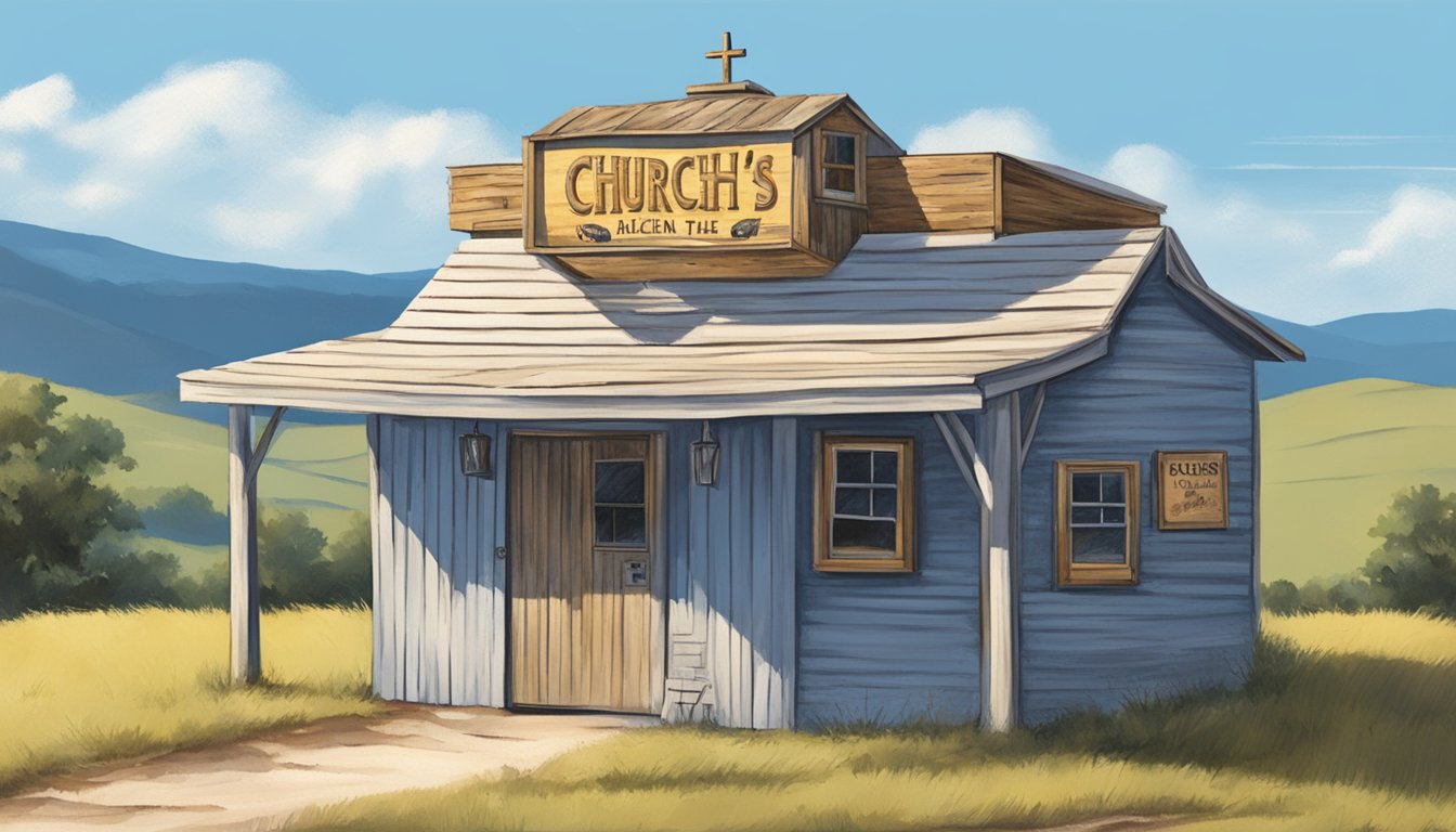 A rustic Texas chicken shack with a sign reading "Church's" above the entrance, surrounded by rolling hills and a clear blue sky