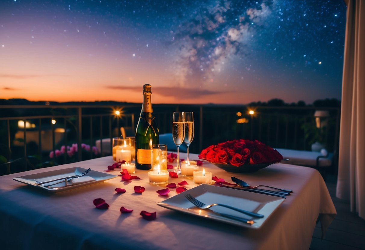 A candlelit dinner with champagne, rose petals scattered on a bed, and a view of a starry night sky from a balcony