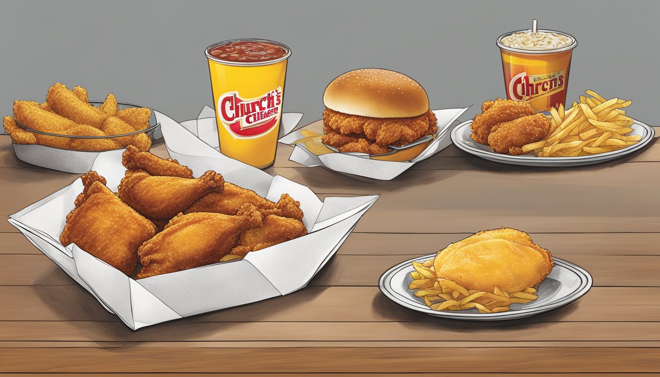 A side-by-side comparison of Church's Chicken and Church's Texas Chicken menus, with various food items and prices displayed