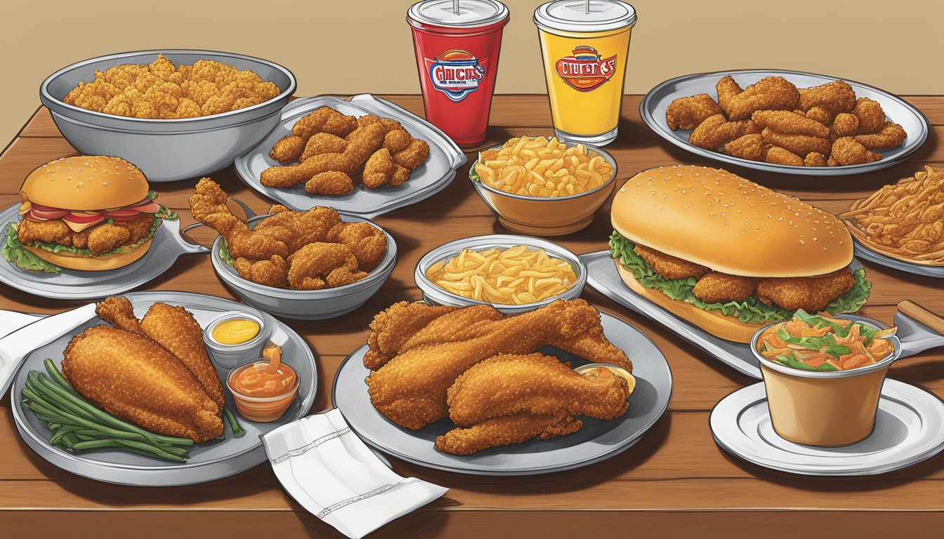 A table spread with various menu offerings from Church's Texas Chicken in Washington