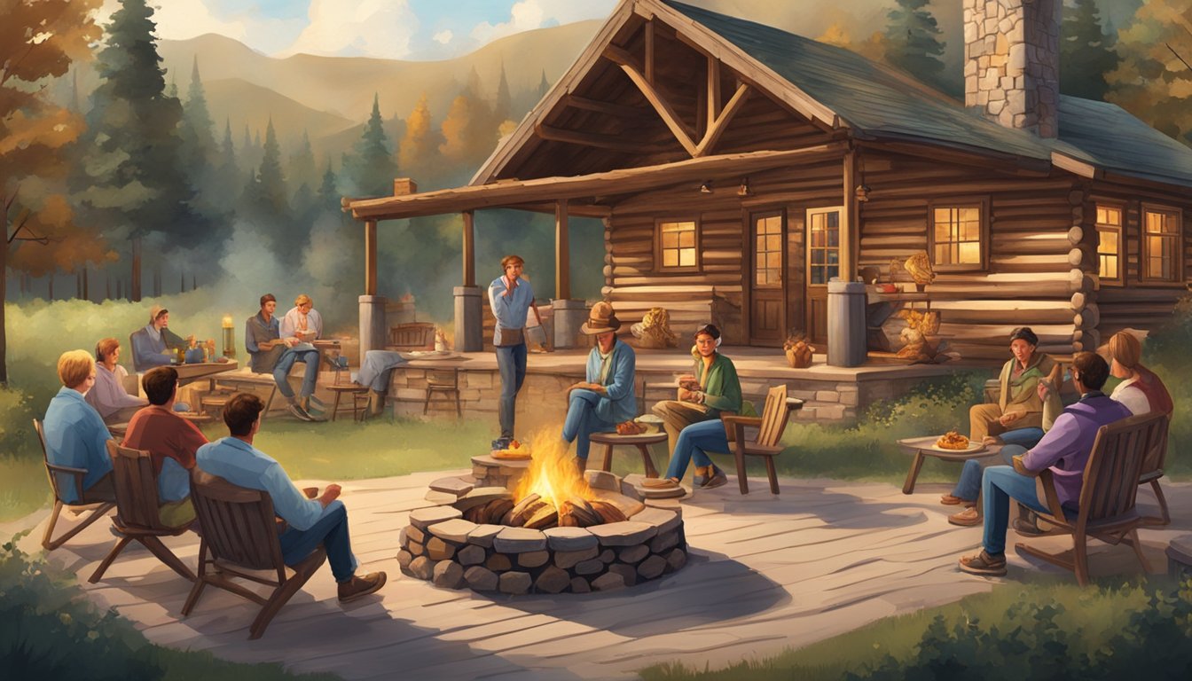 A rustic log cabin with a large, open fire pit surrounded by people enjoying fried chicken and lively conversation