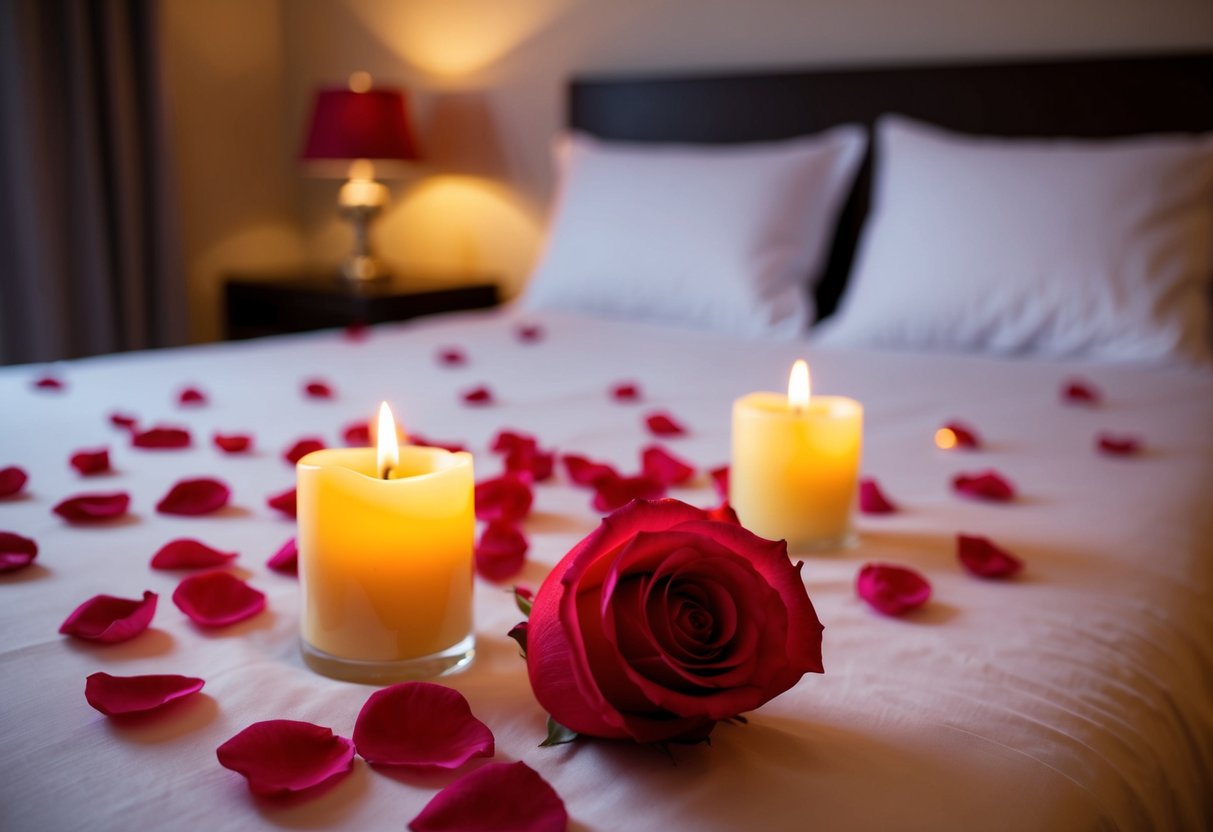 A candlelit bedroom with rose petals scattered on the bed and soft music playing in the background