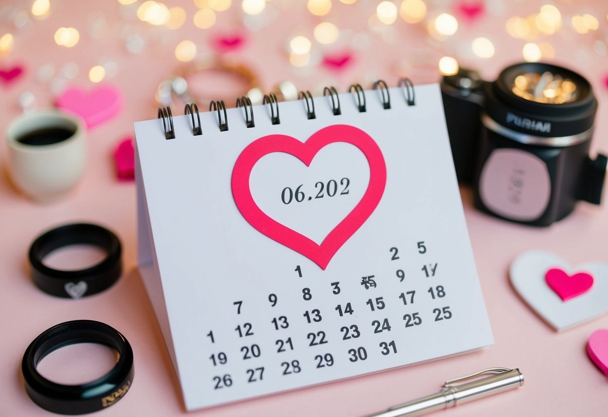 A calendar with a heart-shaped wedding date circled, surrounded by symbols of love and commitment