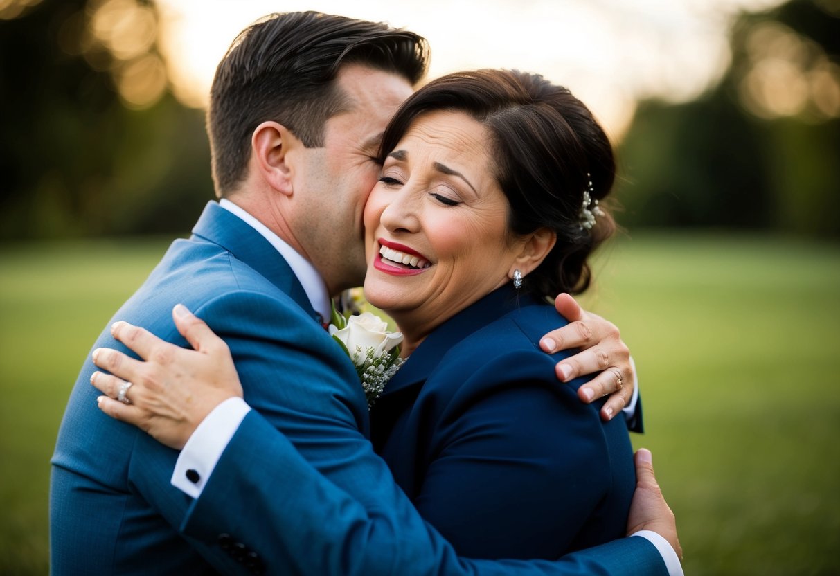 A mother embraces her son, smiling tearfully as she whispers words of love and encouragement on his wedding day