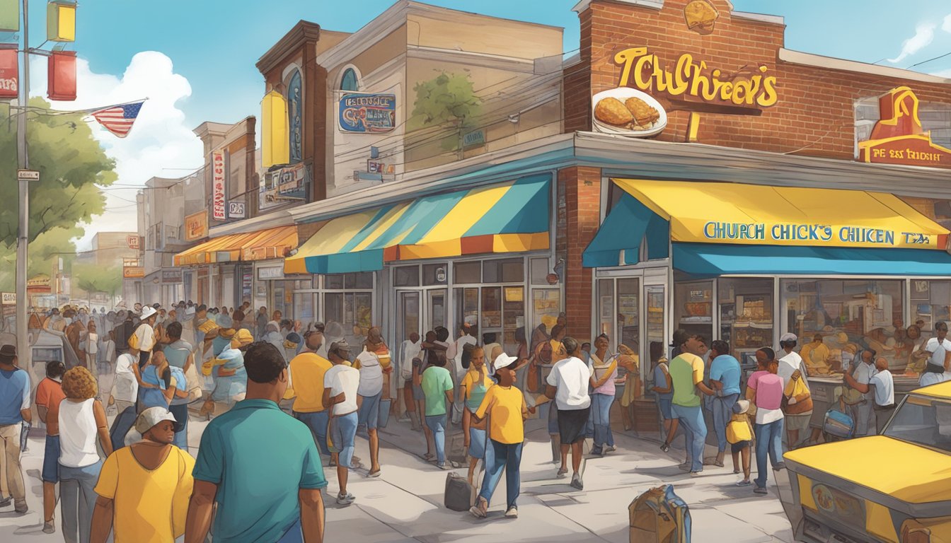 A bustling street with two competing fast-food restaurants, one labeled "Church's Chicken" and the other "Church's Texas Chicken," with colorful signage and busy customers