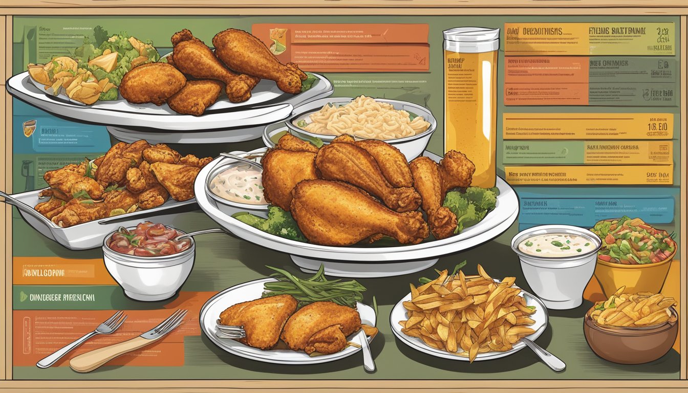 A colorful menu board displays a variety of Texas chicken dishes, surrounded by images of the founder and culinary offerings