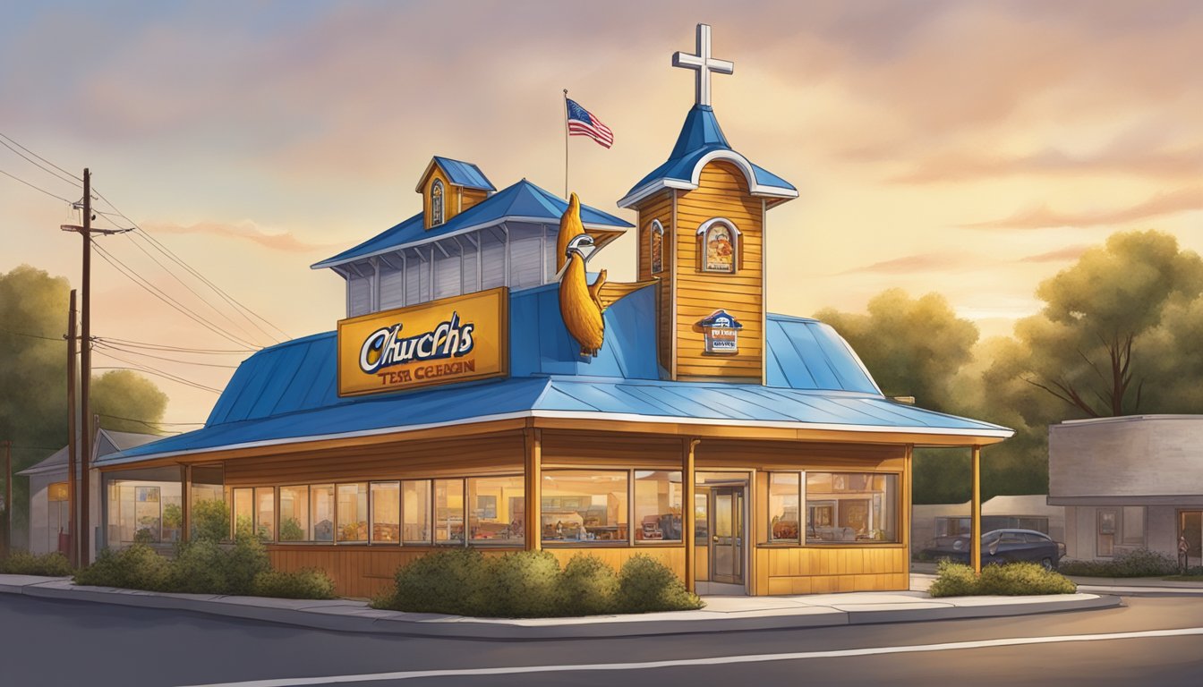 The restaurant features a Texan church with a prominent sign for "Church's Texas Chicken" and a mural of Washington