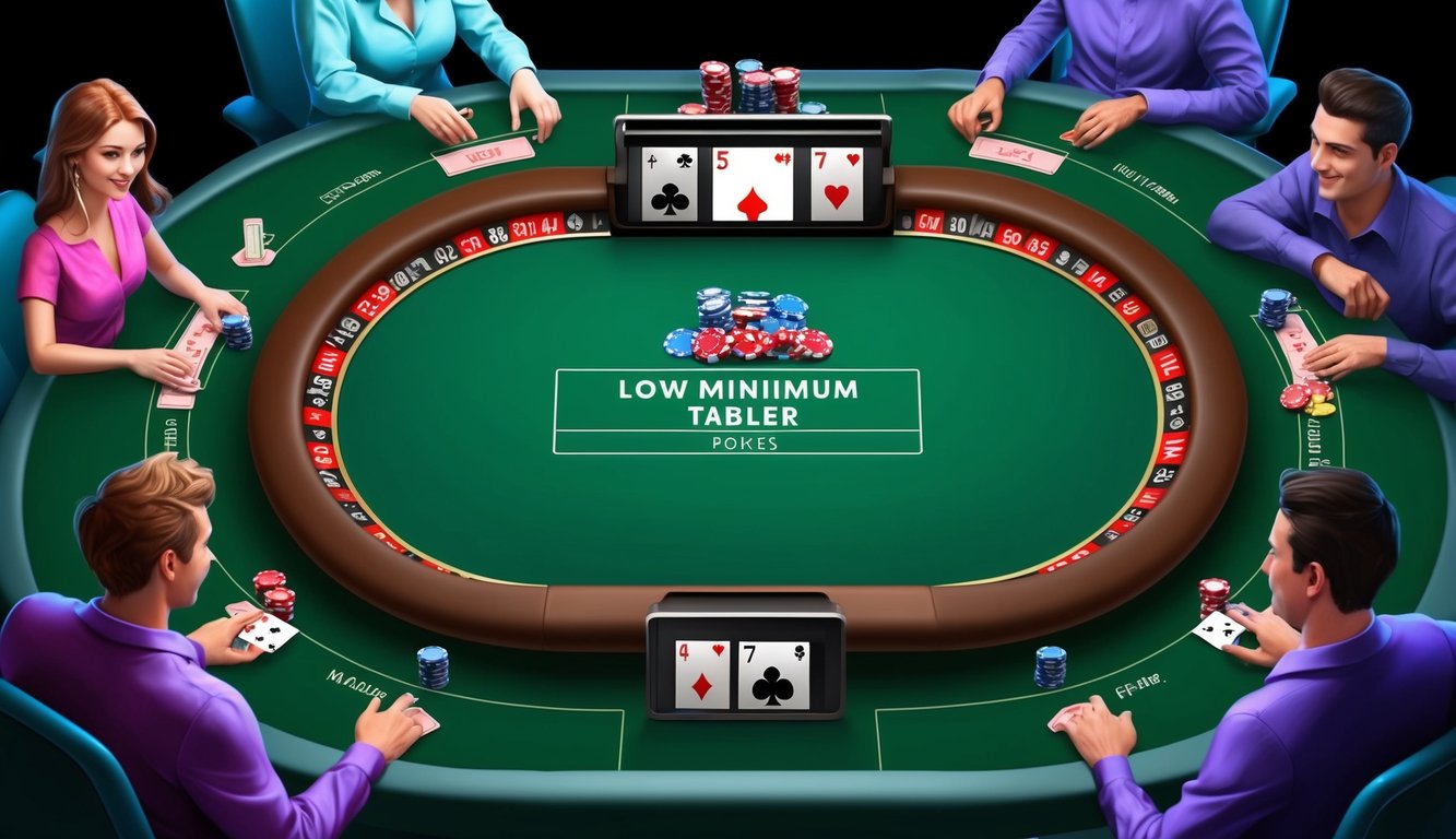 Meja poker digital dengan taruhan minimum rendah, dikelilingi oleh pemain virtual