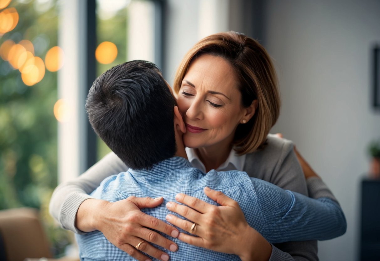 A mother tenderly embraces her son, offering words of love and wisdom as he prepares to embark on a new chapter of his life