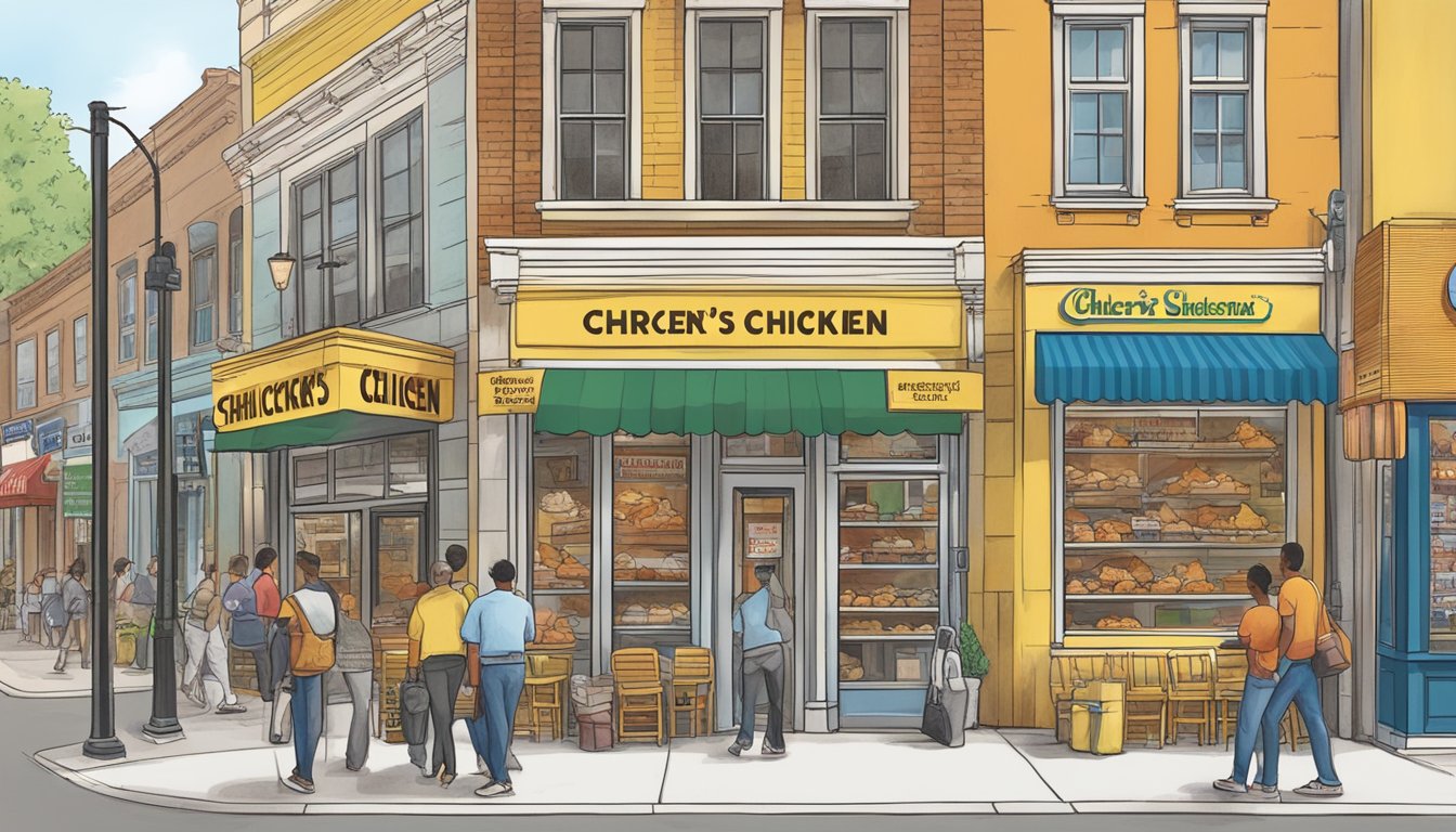 A bustling street with two distinct chicken restaurant storefronts, one labeled "Church's Chicken" and the other "Church's Texas Chicken," each with a line of customers