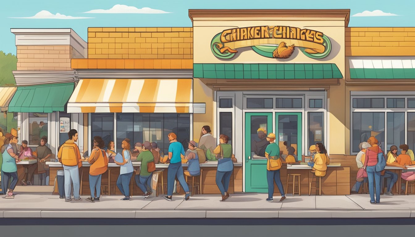 A bustling Texas chicken restaurant with a line of customers out the door, while the founder looks on proudly