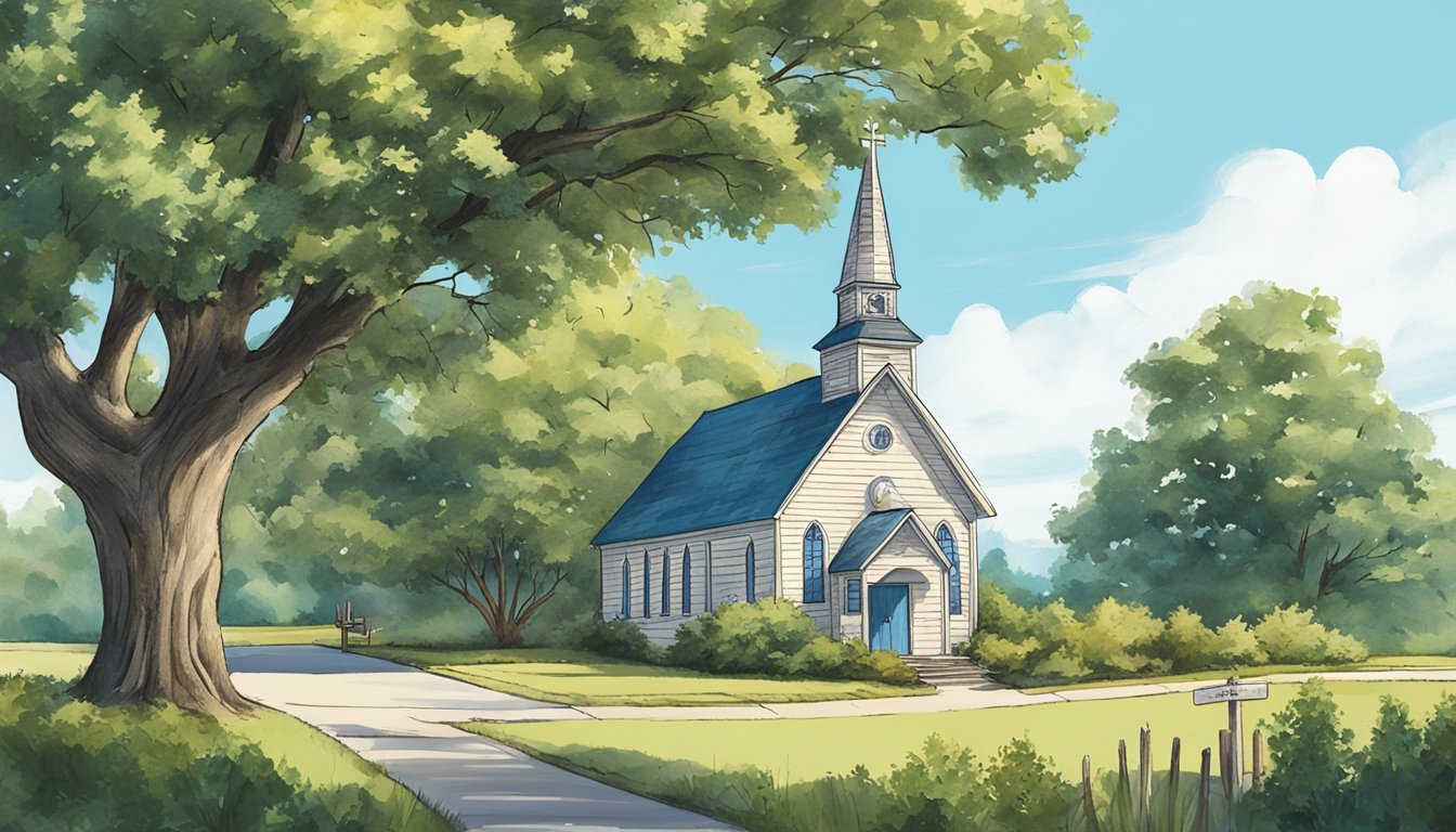 A rustic Texas church with a sign for "Church's Chicken" in Washington, surrounded by greenery and a clear blue sky