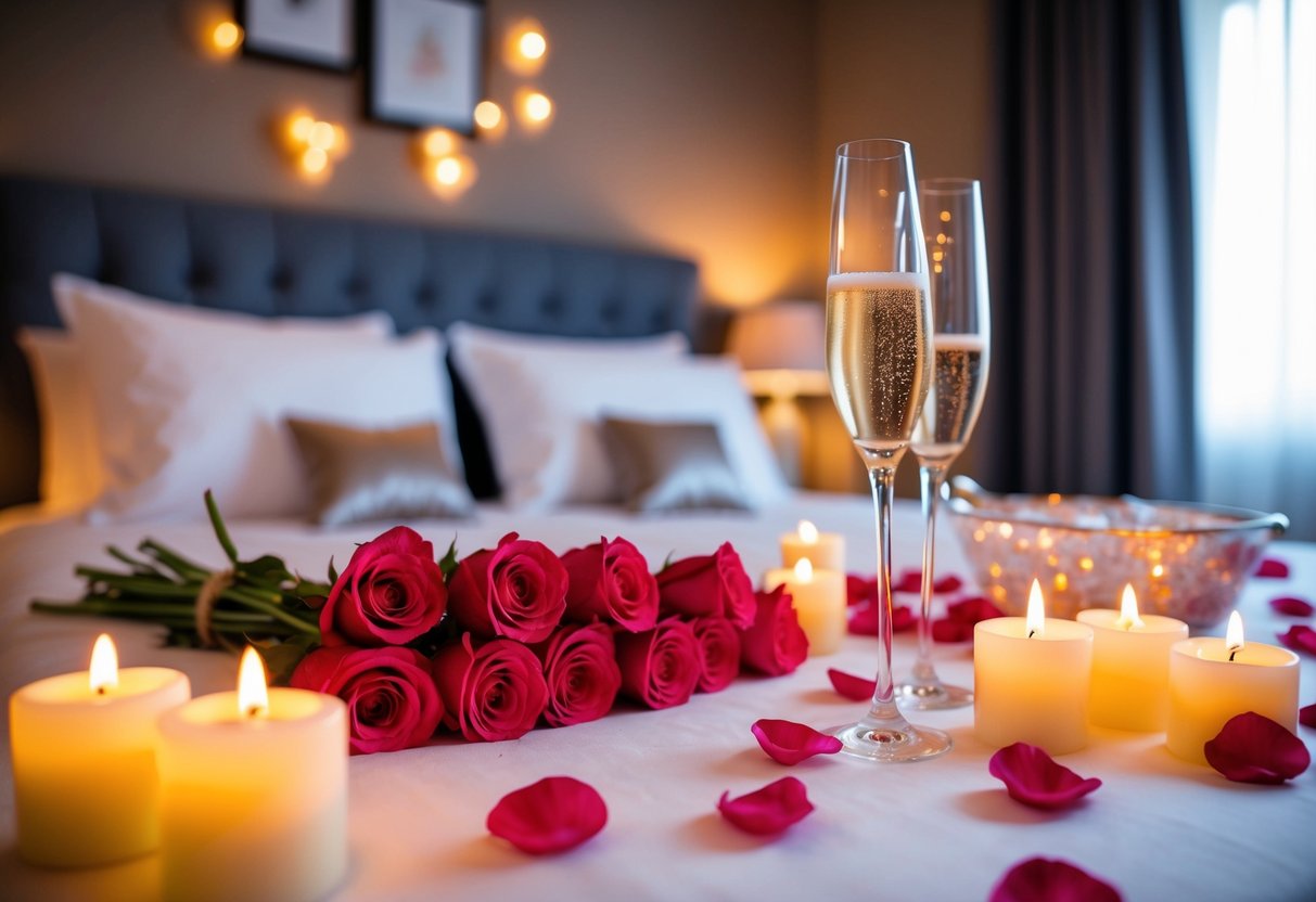 A cozy, candlelit bedroom with rose petals on the bed and champagne on ice