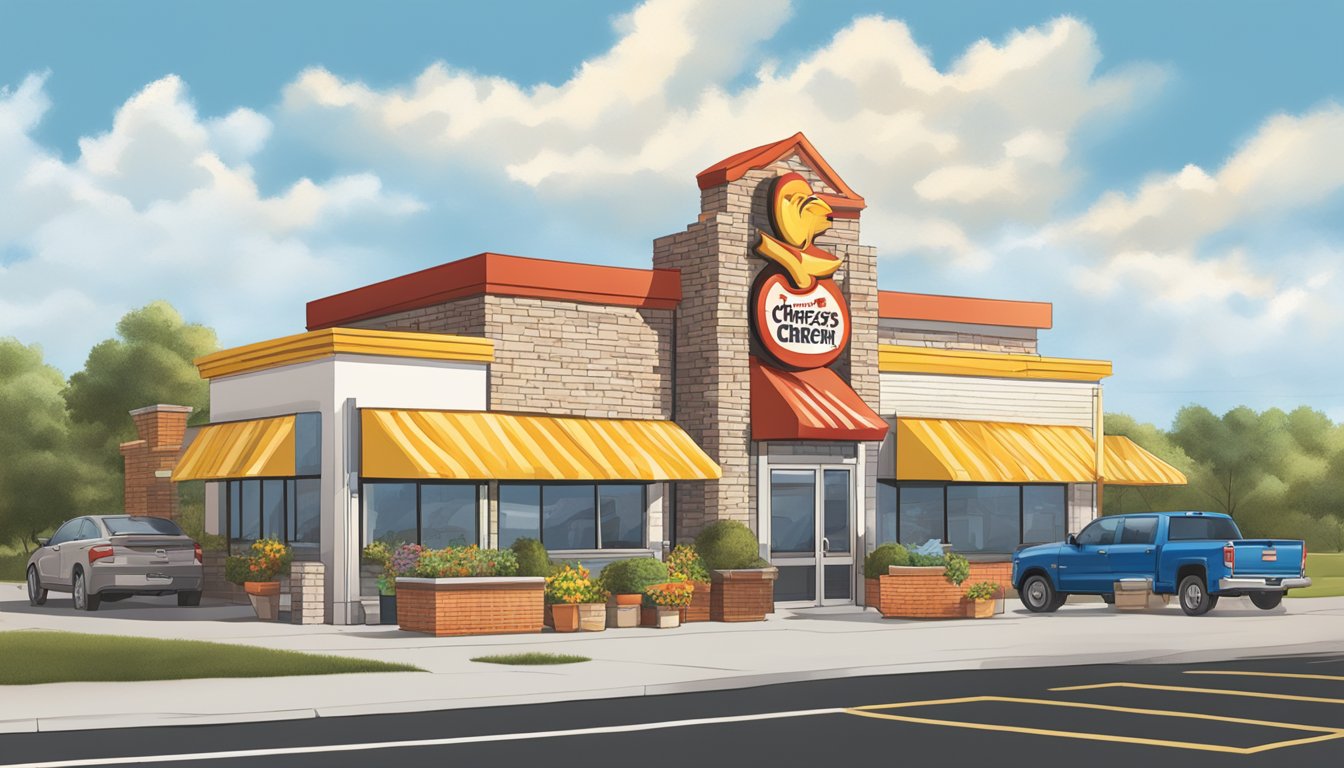 A bustling fast-food restaurant with two distinct signs: one for Church's Chicken and another for Church's Texas Chicken. The buildings are identical, but the signage sets them apart