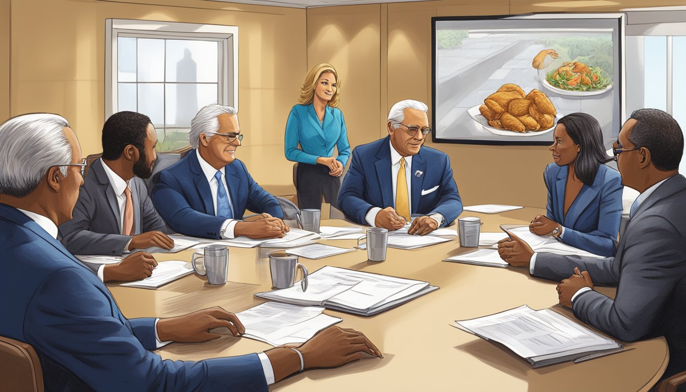 The founder of Church's Texas Chicken presents a business model and financial aspects in a boardroom meeting