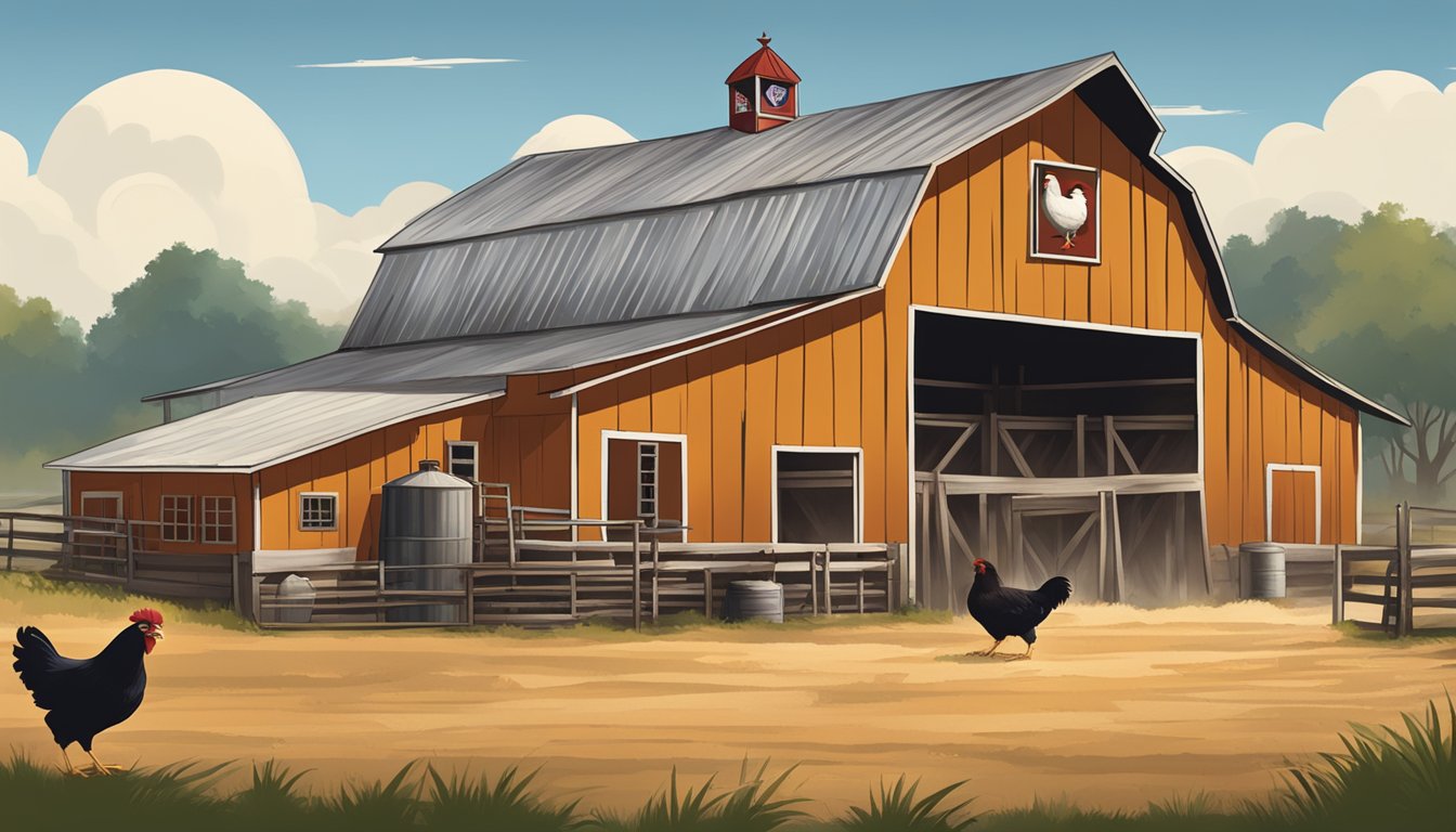 A rustic Texas chicken farm with a bold corporate logo on the barn