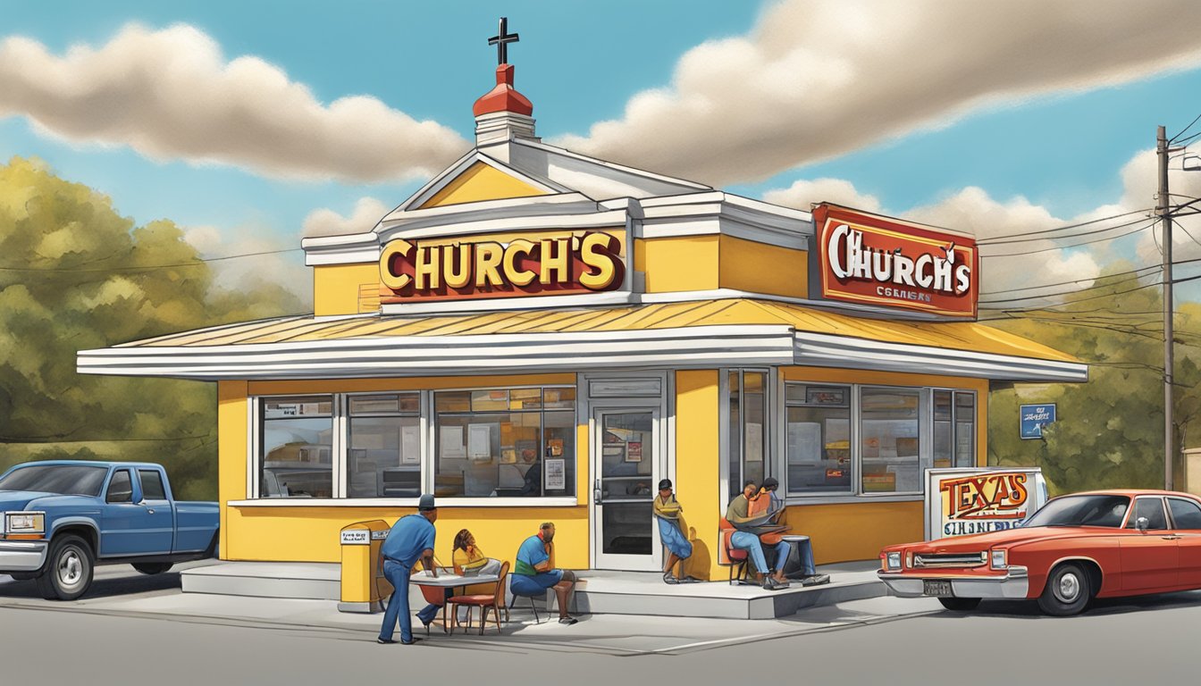 A bustling local restaurant with a prominent sign for "Church's Texas Chicken" in Washington