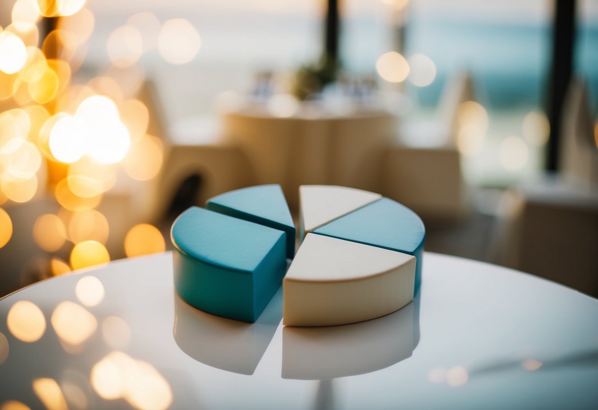 A wedding budget pie chart split between bride and groom families' contributions