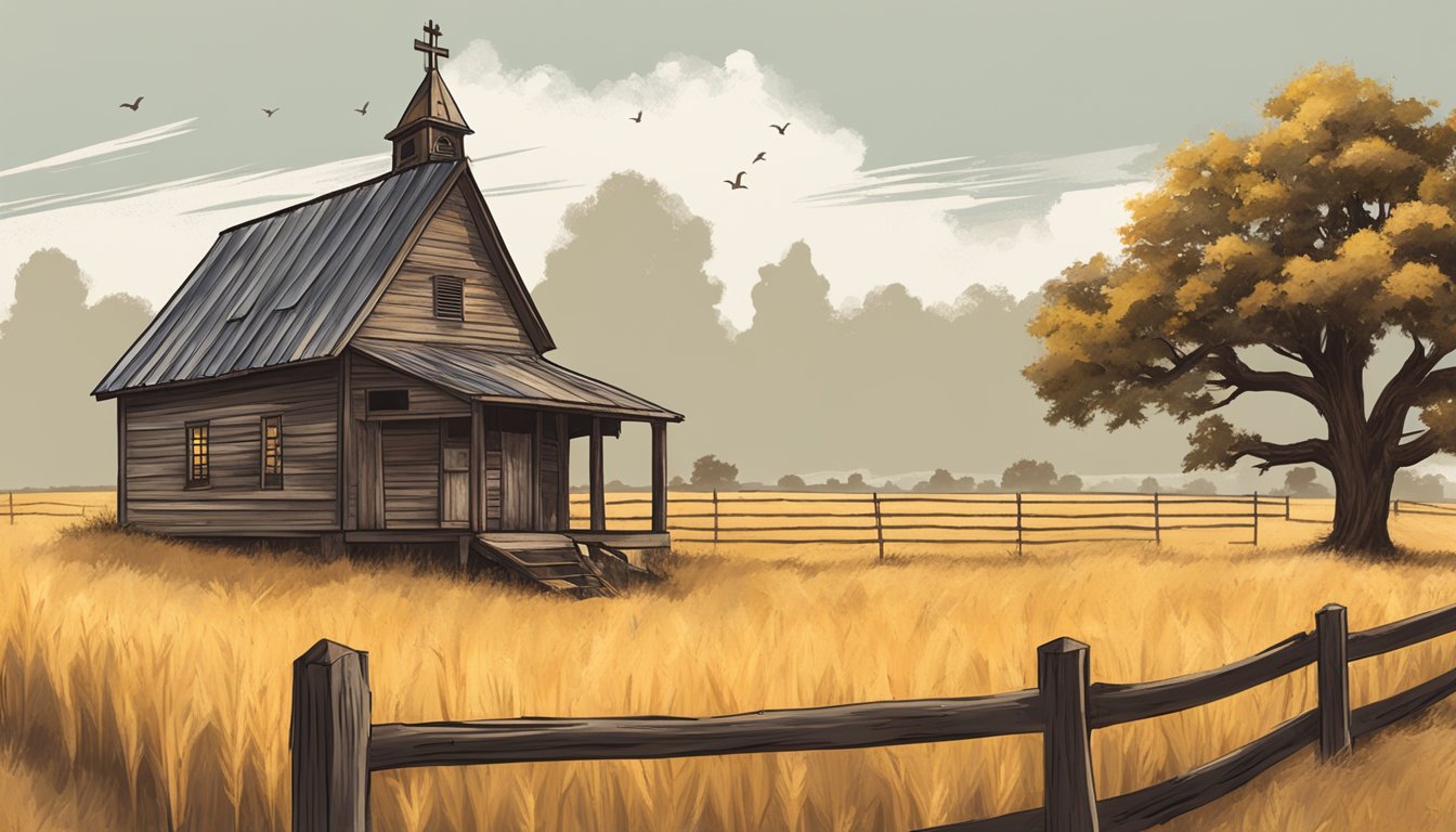 A rustic Texas chicken coop with a weathered sign bearing the Church's logo. Surrounding fields of golden wheat and a lone oak tree in the background