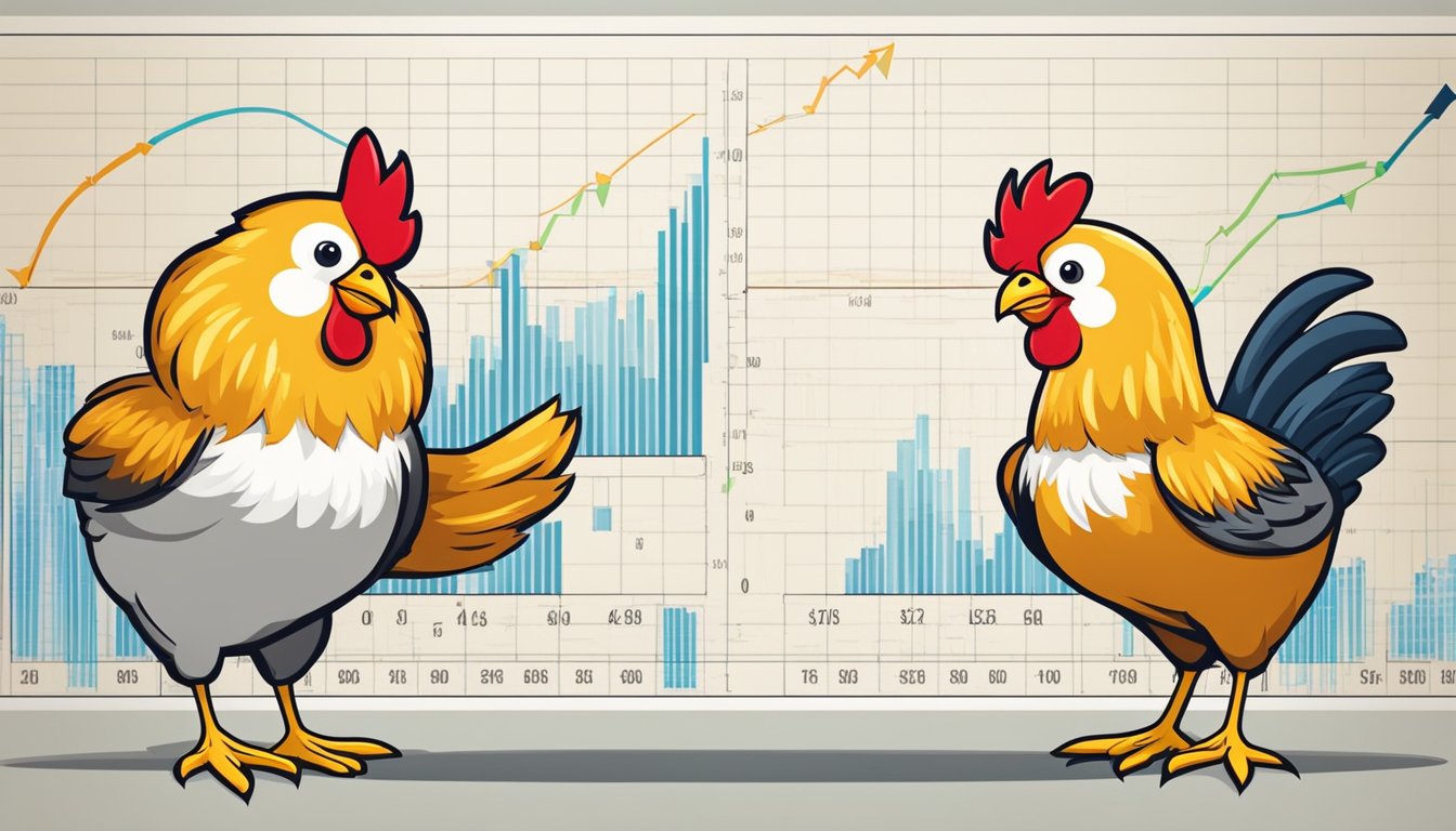 Two chicken mascots stand on opposite sides of a scale, with financial and market performance data displayed behind them