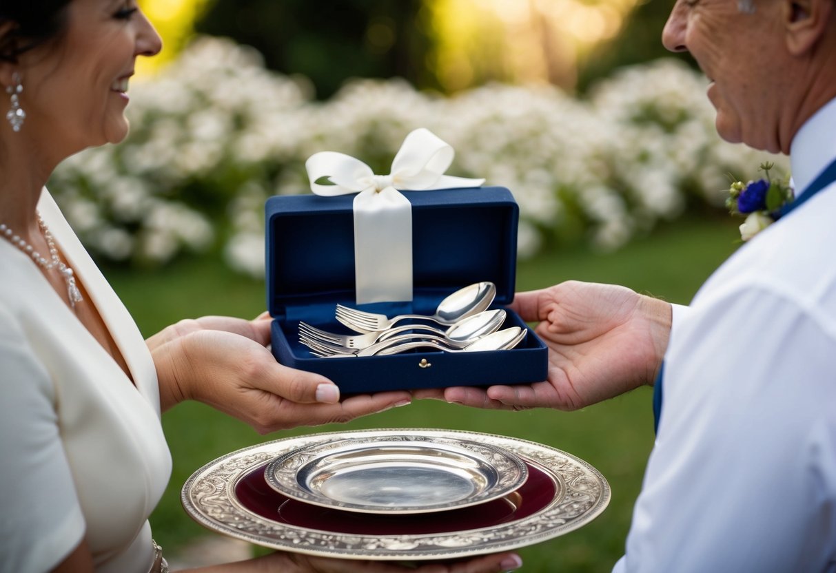 Parents give a set of antique silverware as a wedding gift