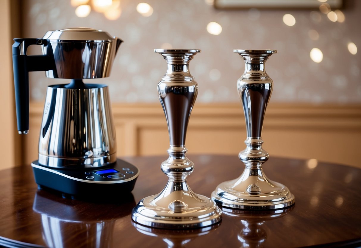 A pair of elegant silver candlesticks sits next to a sleek, high-tech coffee maker on a polished wooden table