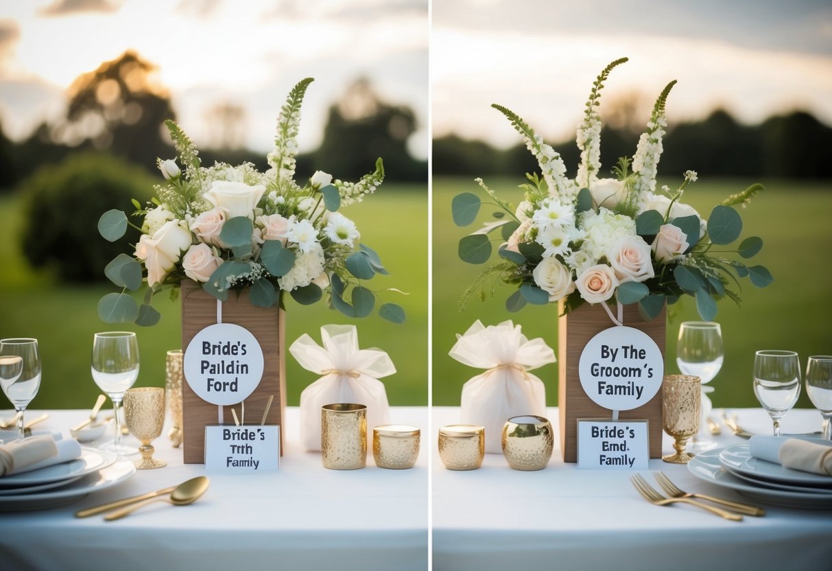 A table with wedding-related items split in two: one side with items traditionally paid for by the bride's family, and the other with items traditionally paid for by the groom's family