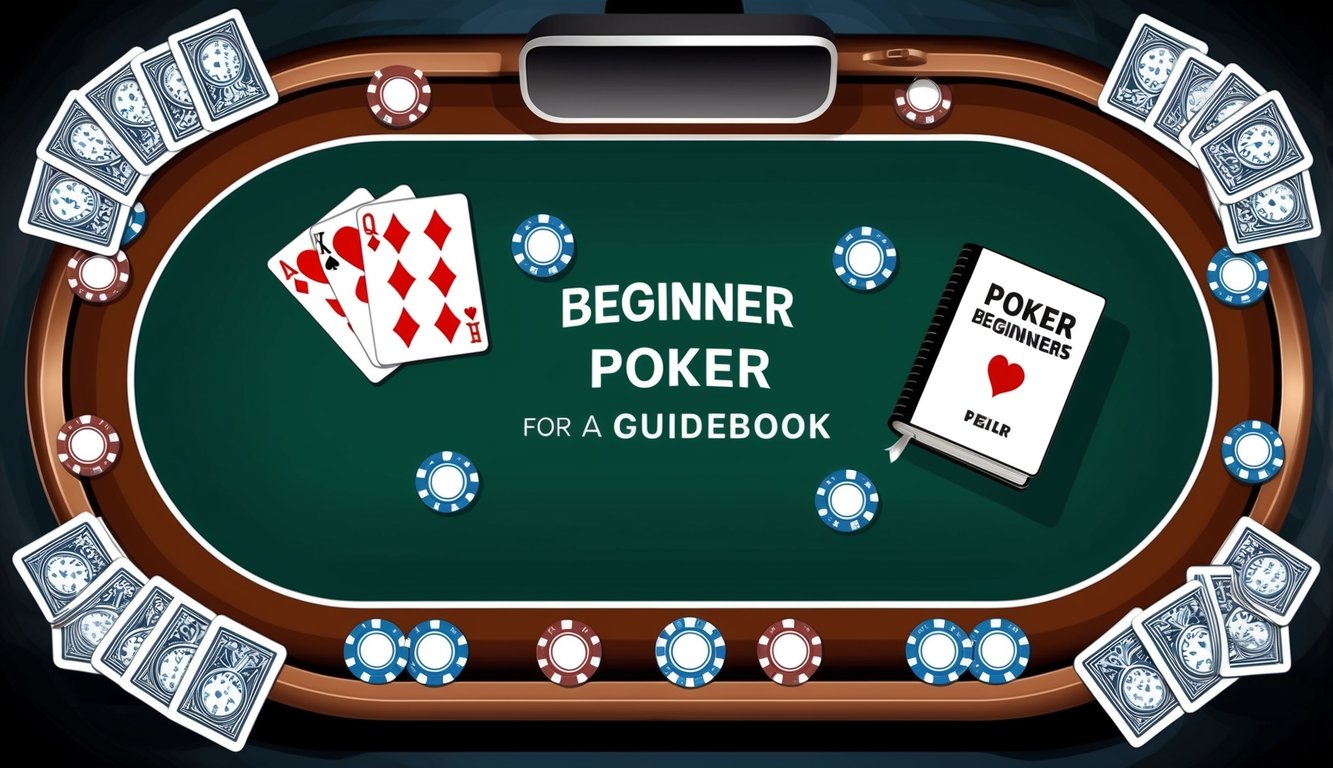 Meja poker dengan kartu, chip, dan buku panduan untuk pemula