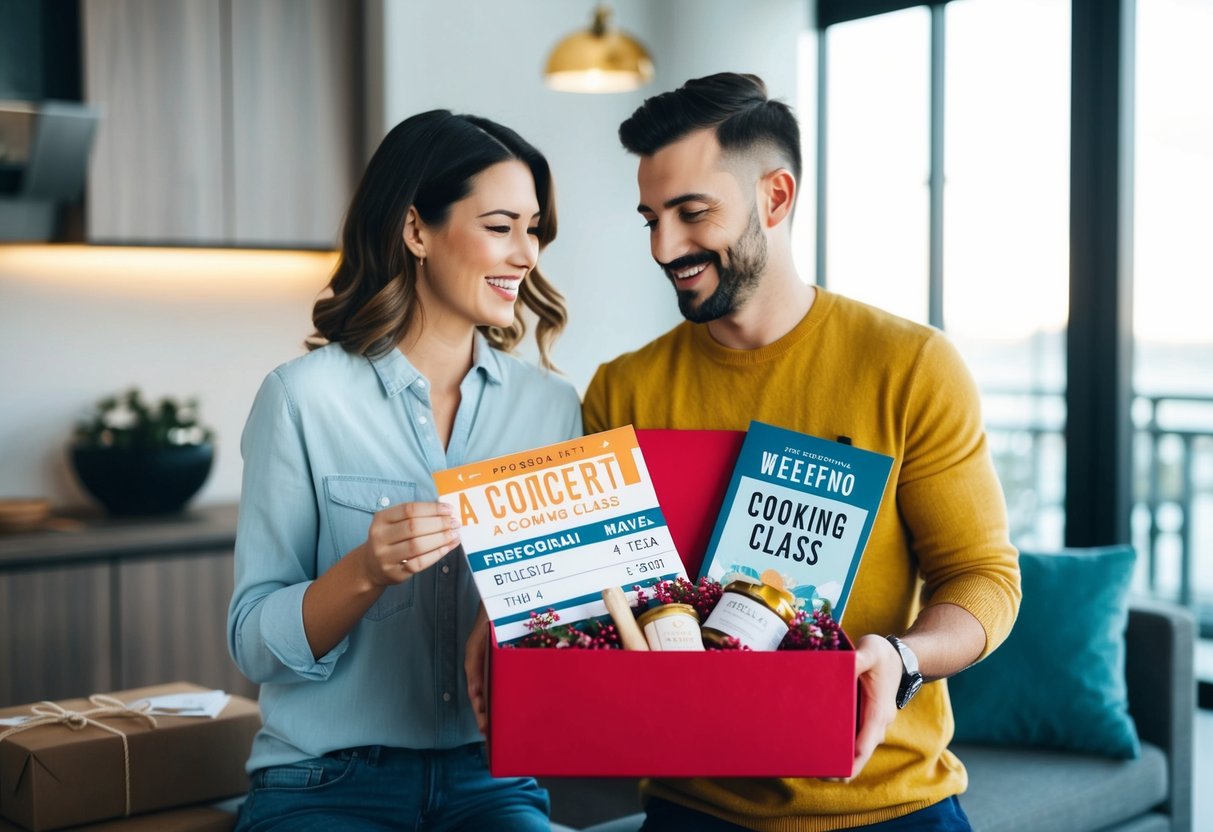 A couple receiving a gift box filled with tickets to a concert, a cooking class, and a weekend getaway