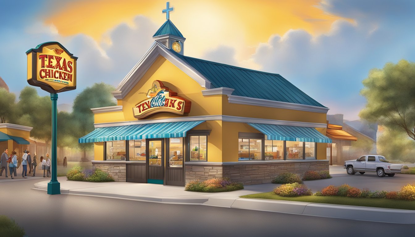 A bustling Texas Chicken restaurant with a prominent Church's logo, featuring a colorful menu board and a welcoming atmosphere