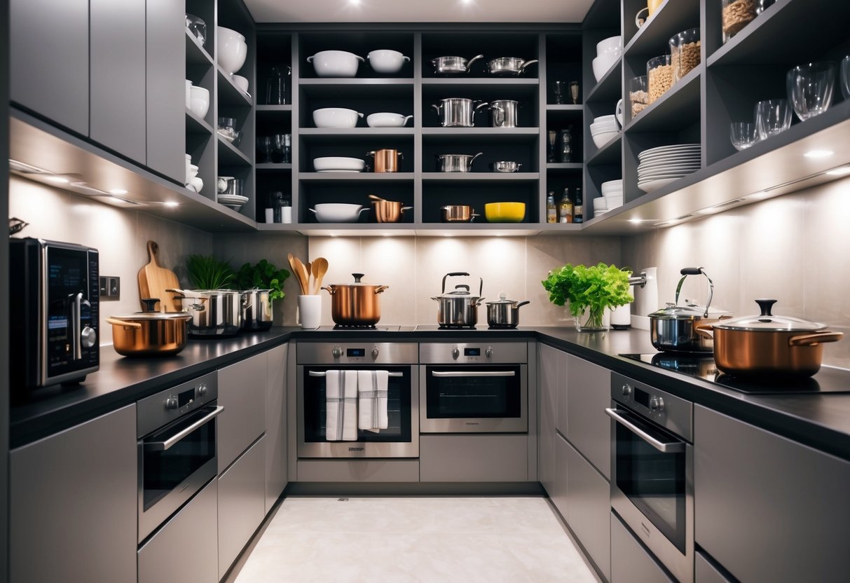 A sleek and modern kitchen filled with high-quality cookware, elegant dinnerware, and stylish appliances, all neatly organized in a spacious pantry
