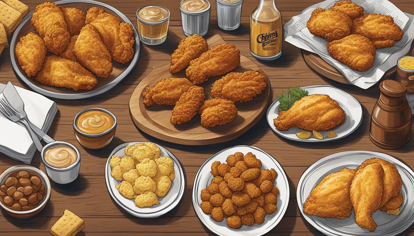 A rustic wooden table adorned with a spread of Church's Texas Chicken menu items, including crispy fried chicken, buttery biscuits, and savory sides