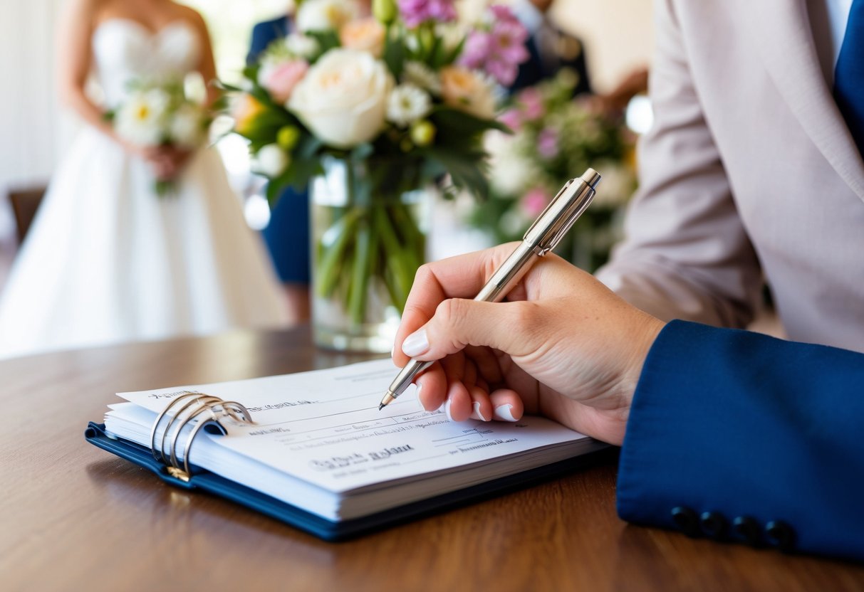 A woman's hand holding a checkbook and writing a check for wedding expenses. A wedding dress, flowers, and venue are visible in the background