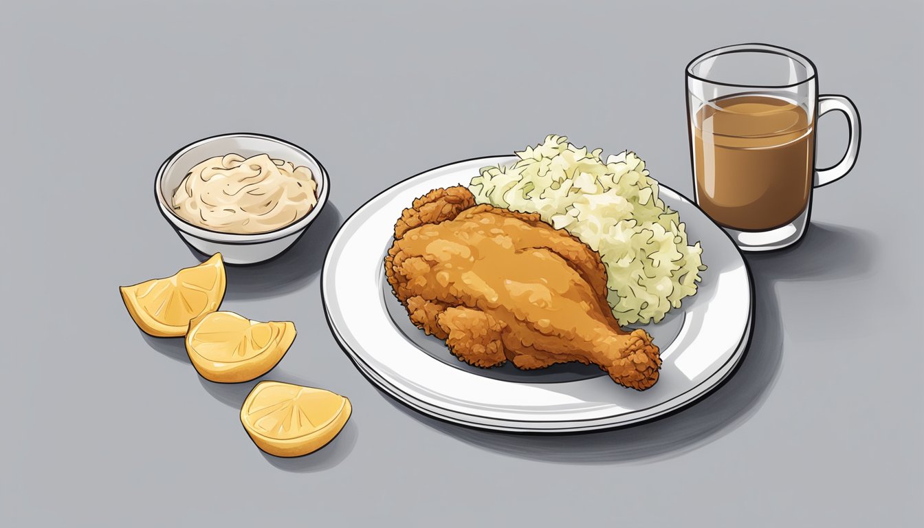 A golden fried chicken breast with a side of mashed potatoes and gravy on a white plate. A small bowl of coleslaw sits next to it