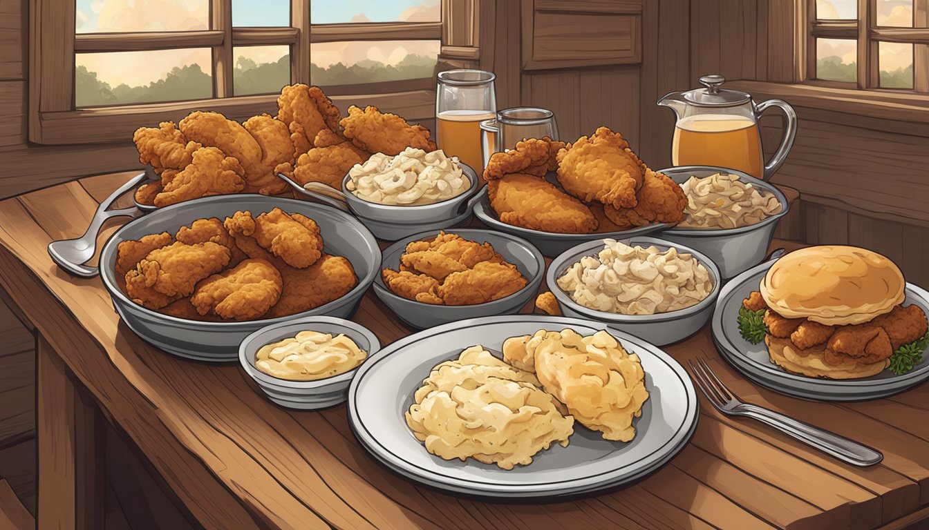 A table with a spread of fried chicken, biscuits, mashed potatoes, coleslaw, and gravy. Warm lighting and rustic decor in the background