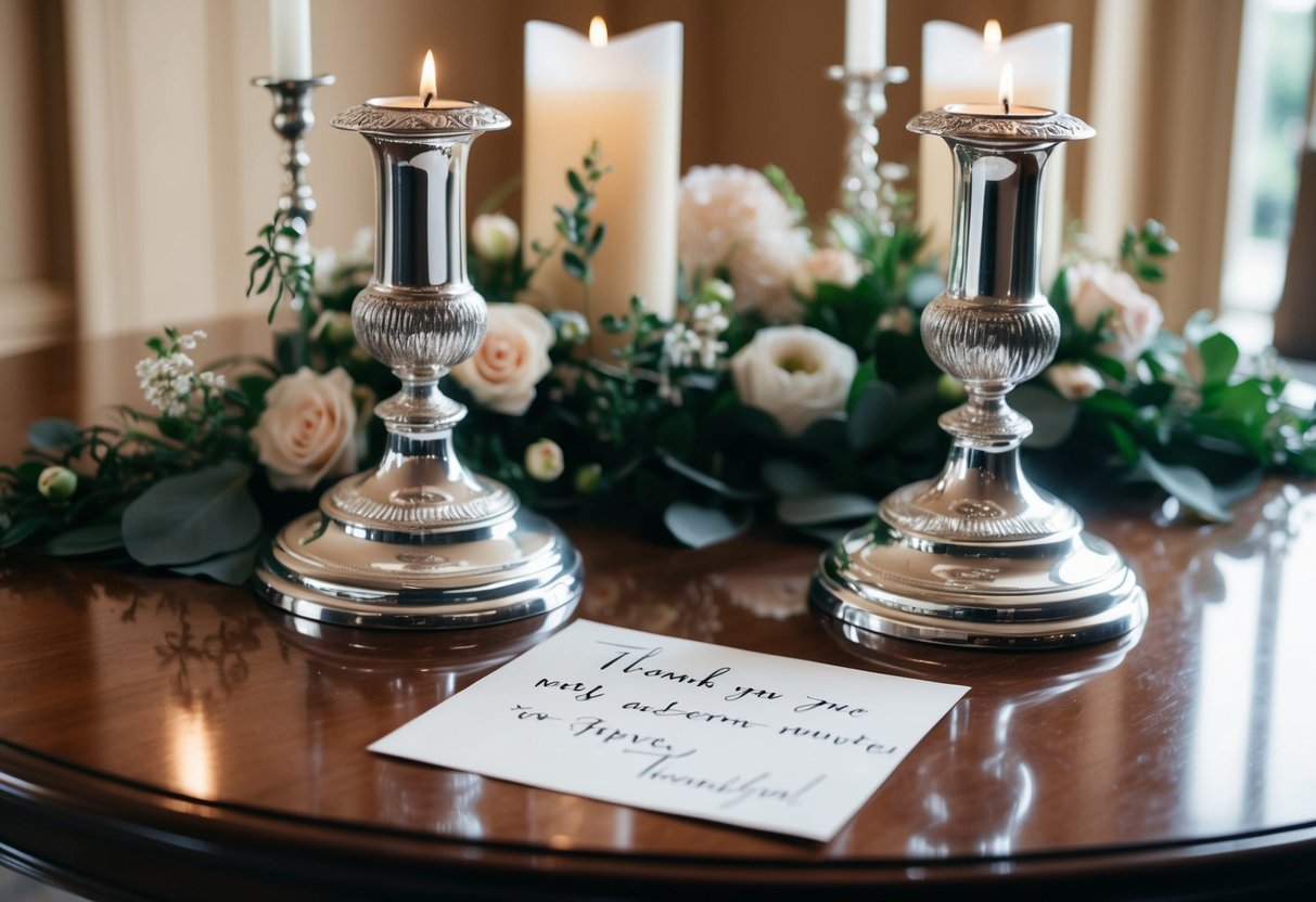 A pair of elegant silver candlesticks with intricate designs sits on a polished wooden table, surrounded by delicate floral arrangements and a handwritten note expressing gratitude
