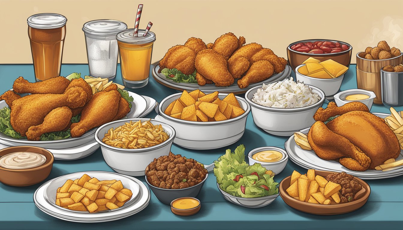 A table set with a variety of sides and extras from Church's Texas Chicken menu