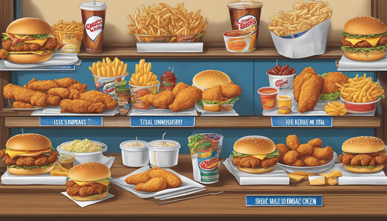 A colorful menu board displaying various meal options from Church's Texas Chicken in Omaha