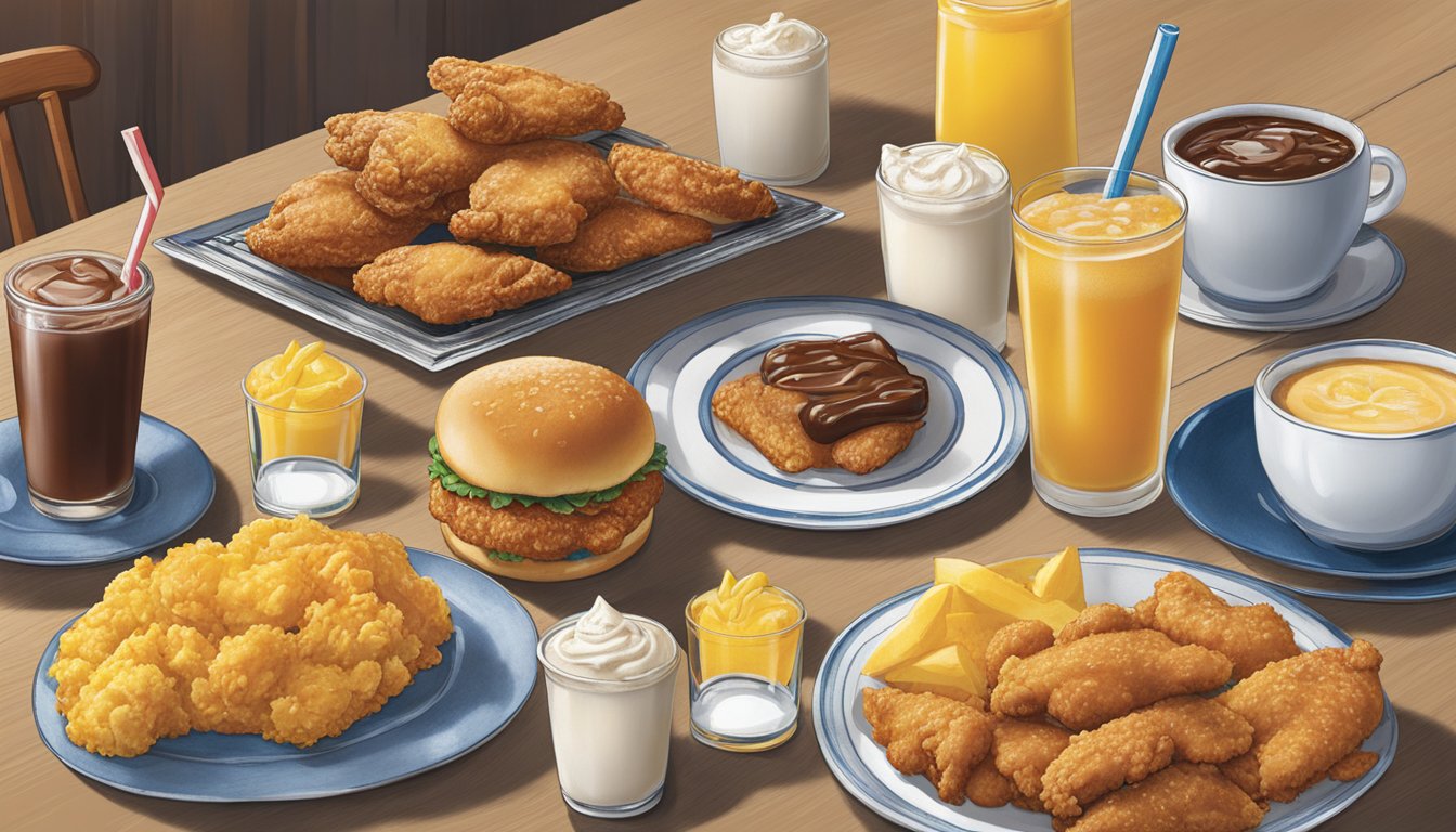 A table set with various beverages and desserts from Church's Texas Chicken Whitehall menu