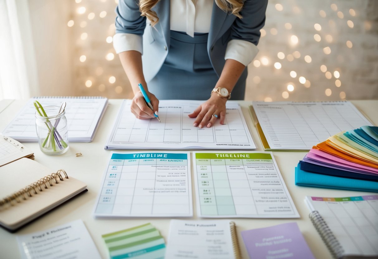 A wedding planner surrounded by calendars, checklists, and fabric swatches, mapping out the timeline for a wedding
