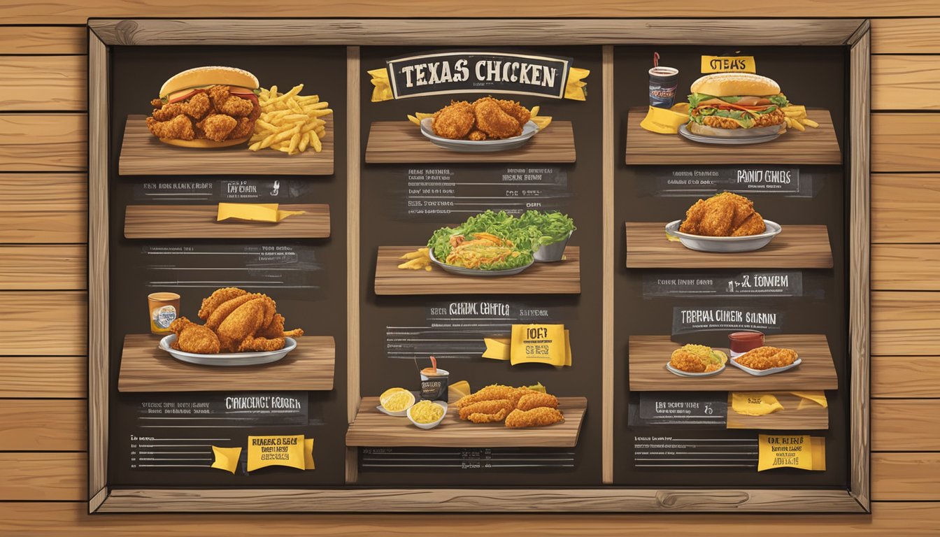 A rustic wooden menu board displays Texas chicken options at a Church's Chicken restaurant in Whitehall