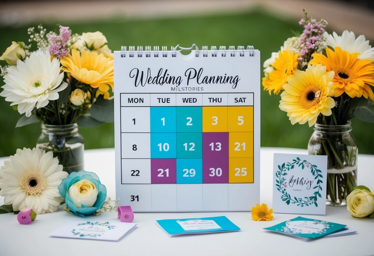A calendar with wedding planning milestones marked in different colors, surrounded by flowers and wedding decor samples