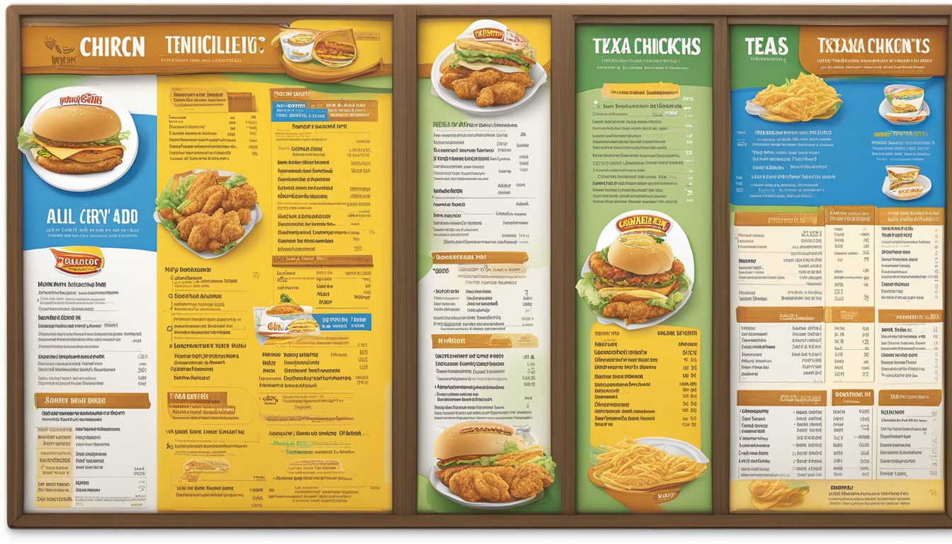 A menu board displaying nutrition and allergy information for Church's Texas Chicken Whitehall