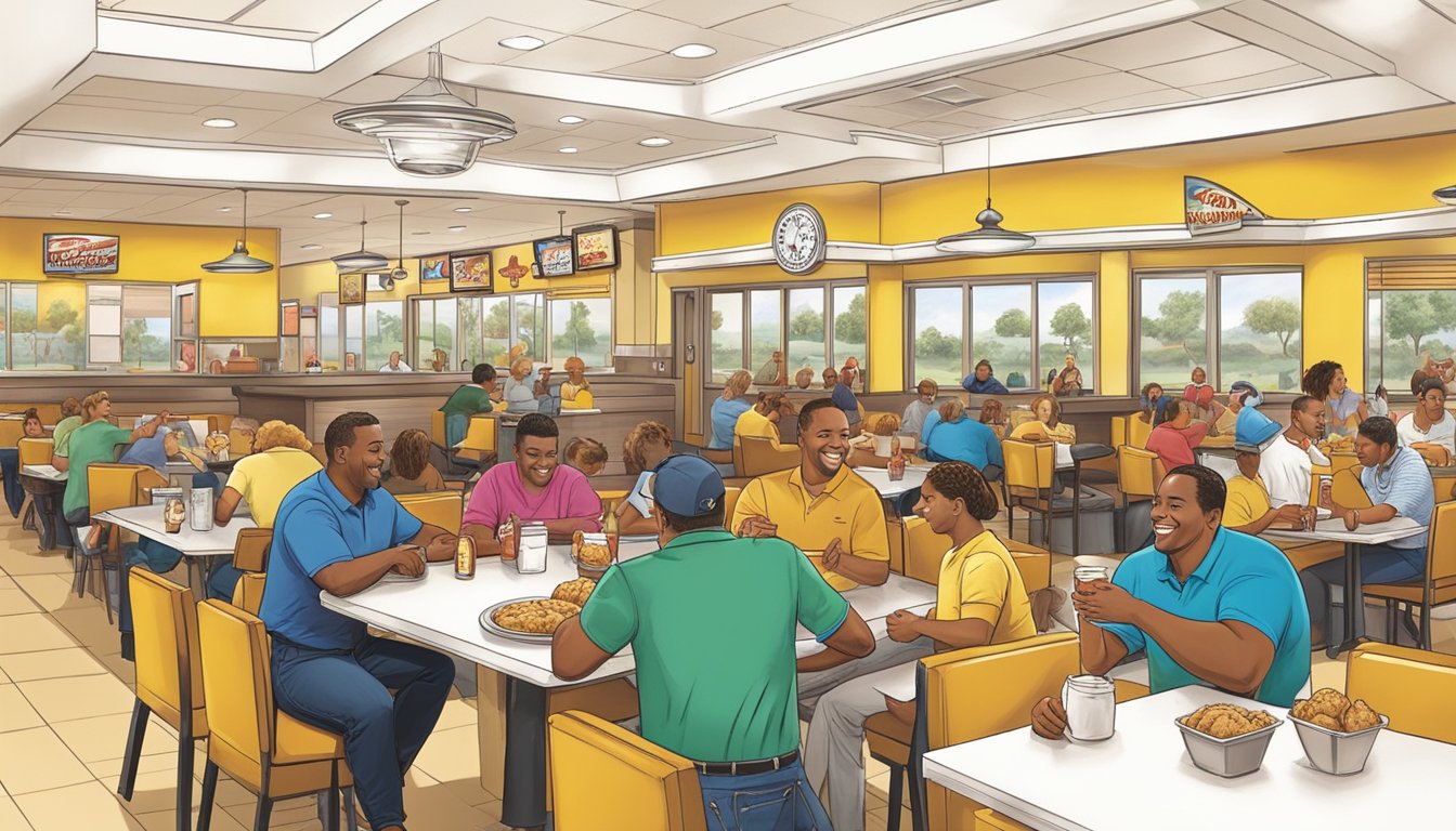 A customer enjoying a flavorful Texas chicken meal at a bustling Church's Chicken restaurant, surrounded by satisfied diners and a welcoming atmosphere