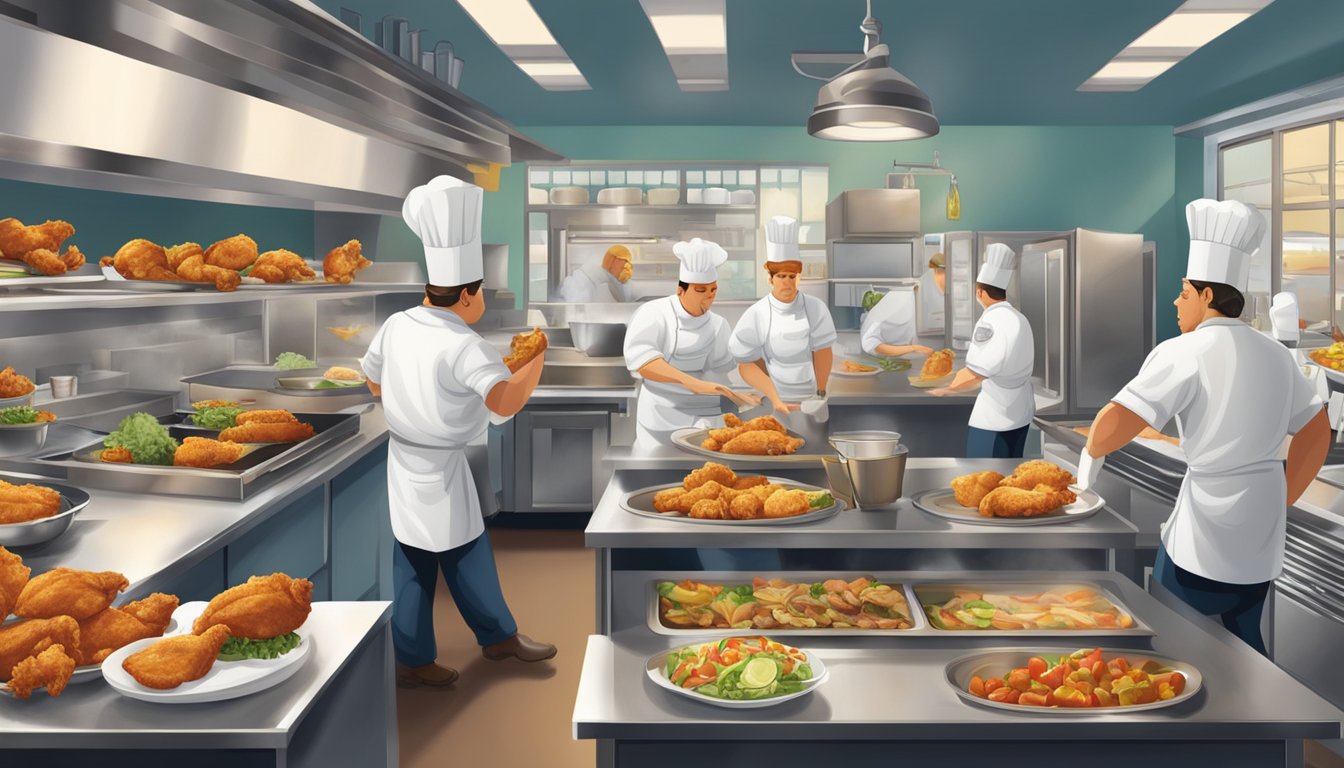 A bustling restaurant kitchen with chefs preparing fried chicken, sides, and sandwiches. A menu board hangs on the wall, featuring Texas-style chicken dishes