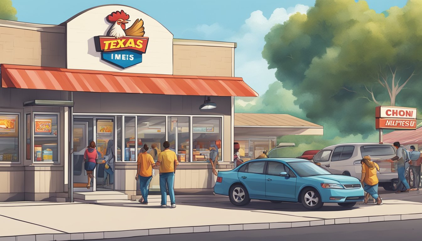 A bustling convenience store with a bold Texas Chicken sign, surrounded by a busy parking lot and a steady stream of customers entering and exiting