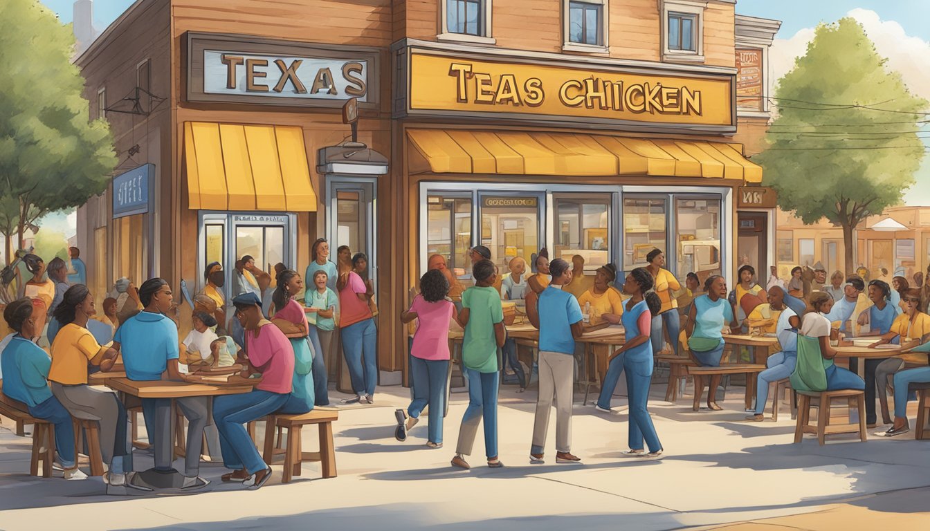 A bustling Texas chicken restaurant with a sign promoting corporate responsibility and community engagement. Outside, people gather for a community event