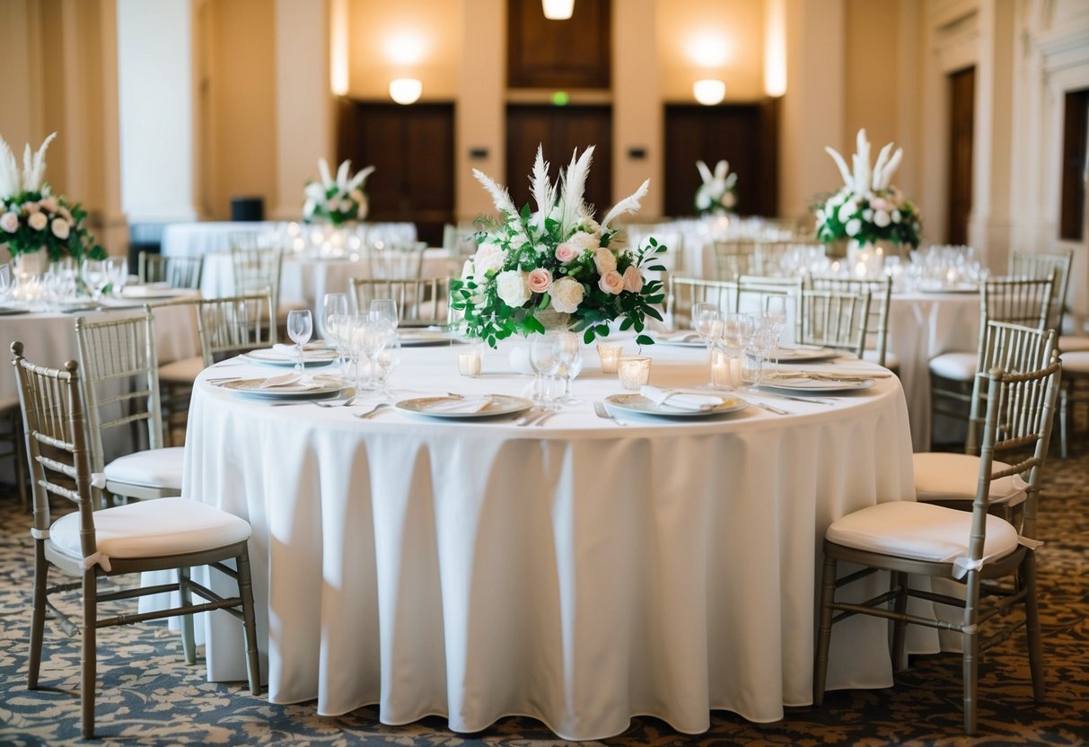 A table covered in a white linen cloth with elegant floral centerpieces and place settings, surrounded by chairs, in a grand reception hall