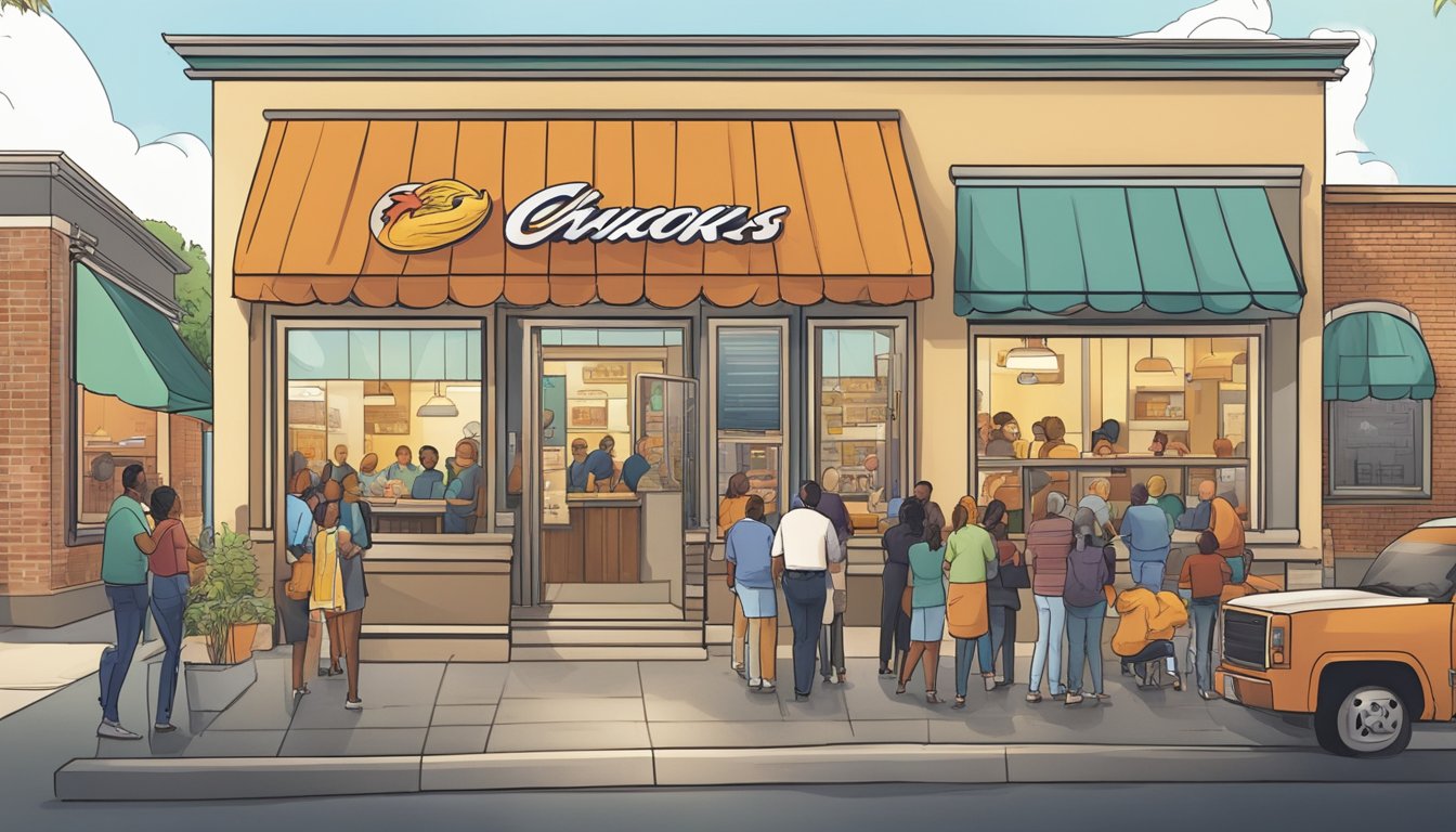 A bustling Texas Chicken restaurant with a line of customers out the door, while a franchise owner discusses expansion plans with a group of investors